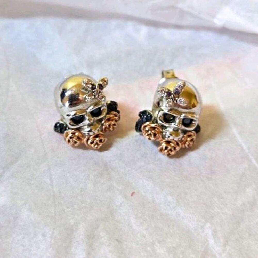 Gothic 925 Sterling Silver Skull Rose Butterfly Stud Earrings Two Tone Floral